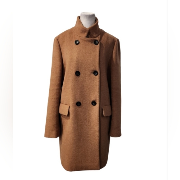 Ann Taylor Tan Wool Double Breasted Coat with Removable Fur Collar - Picture 4 of 9